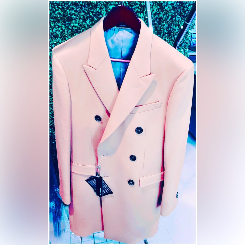 New! Jil Sander Double-Breasted Mélange Wool Coat, with detachable belt in beige